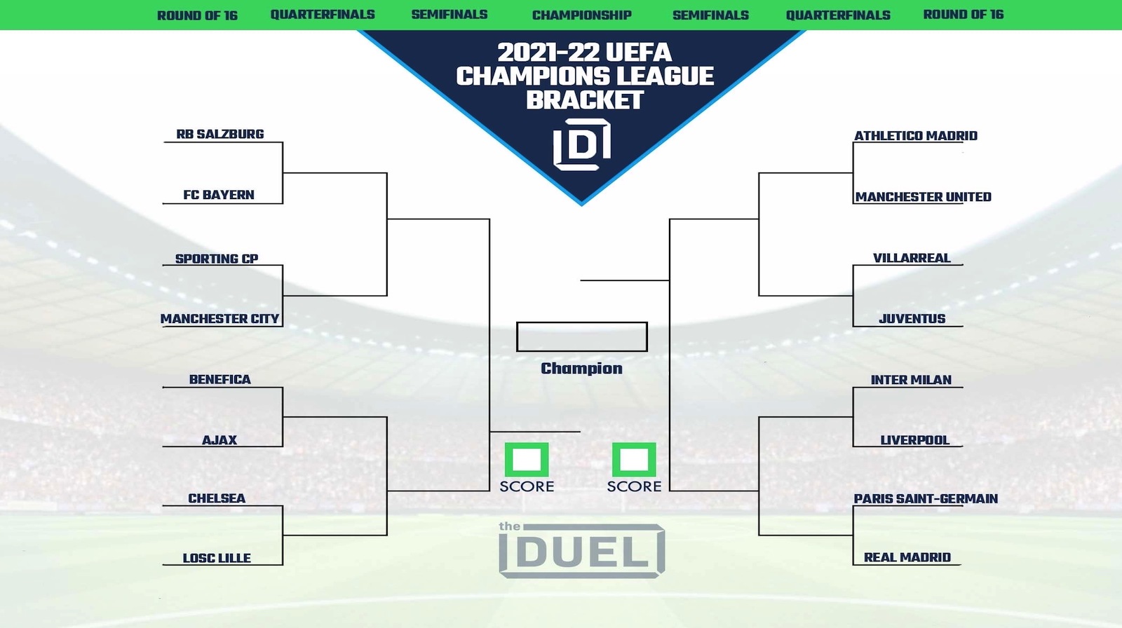 UEFA Champions League Printable Bracket 2021-22 for Knockout Stage Round of 16