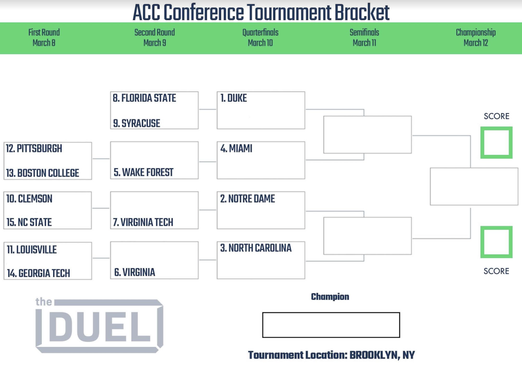 ACC Basketball Tournament Printable Bracket 2022