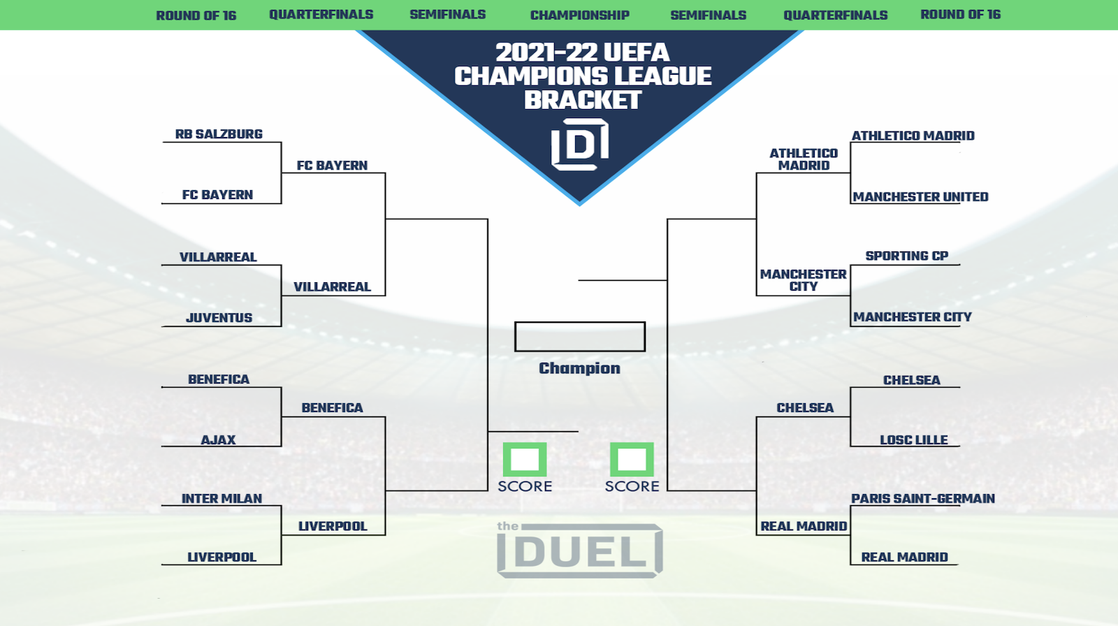 UEFA Champions League Printable Bracket 2021-22 for Knockout Stage  Quarterfinals