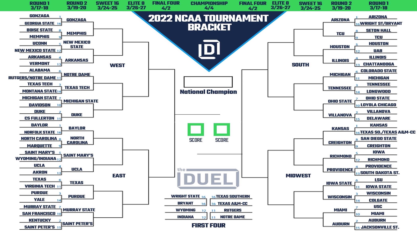 Printable 2022 March Madness Bracket Heading Into Round 2 of NCAA Tournament