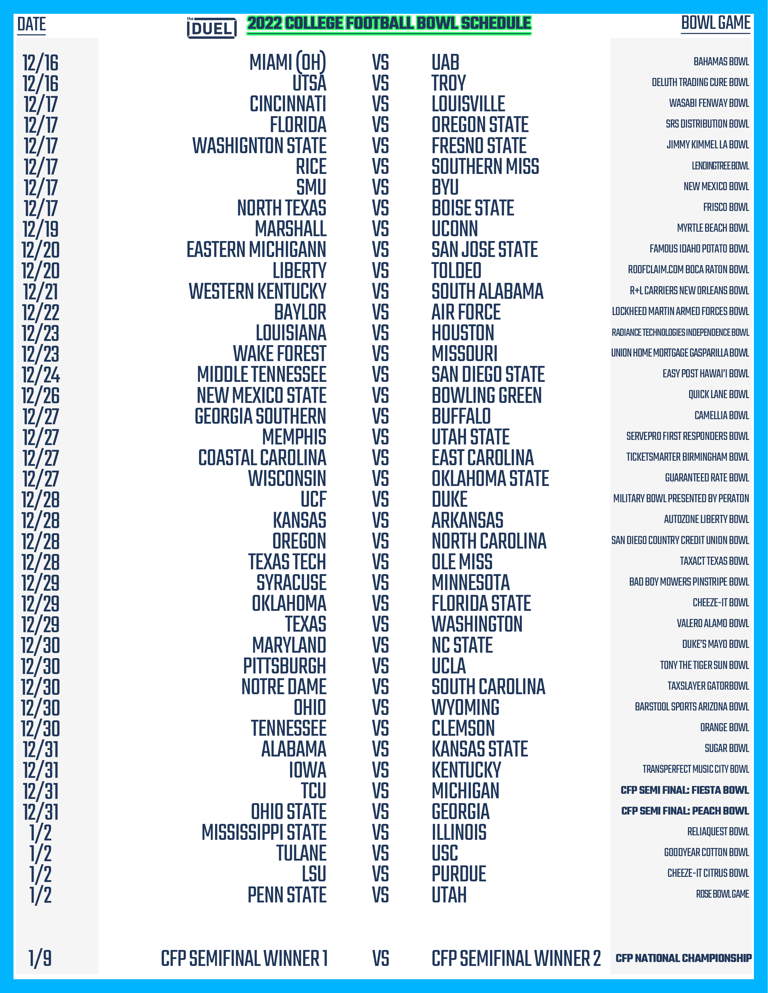 Printable College Football Bowl Schedule 2022 23