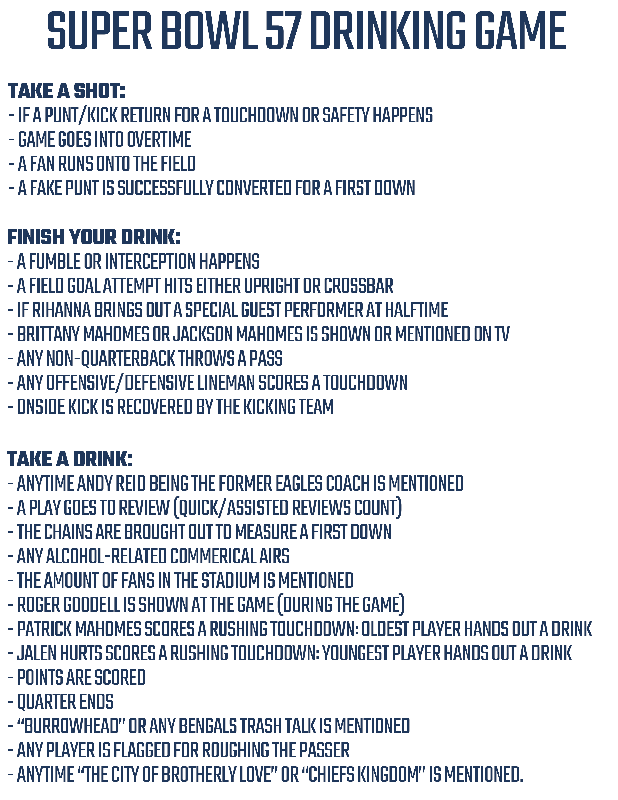 Printable Super Bowl 57 Drinking Game for Chiefs vs Eagles