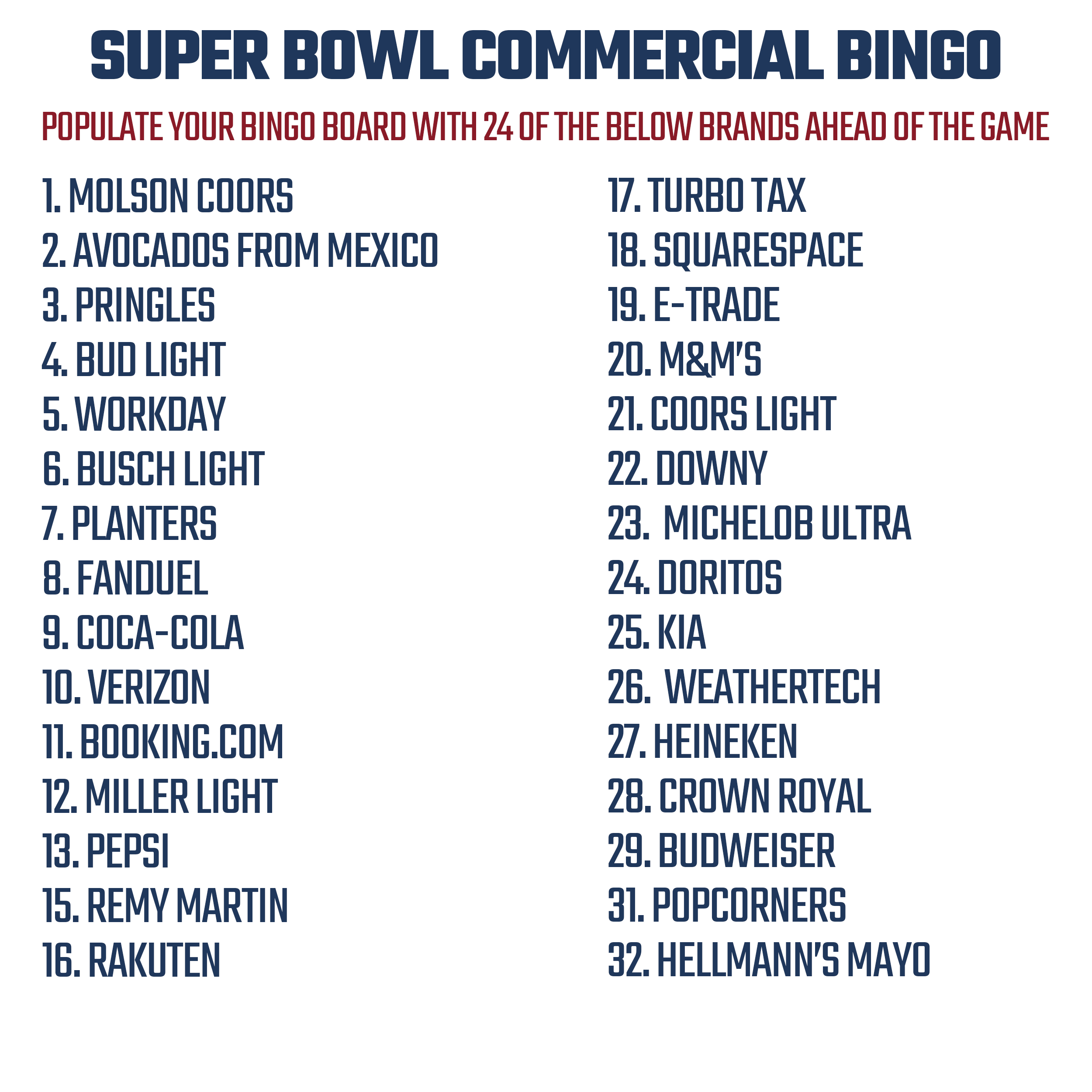 Free Printable Super Bowl 57 Commercial Bingo Cards for 2023