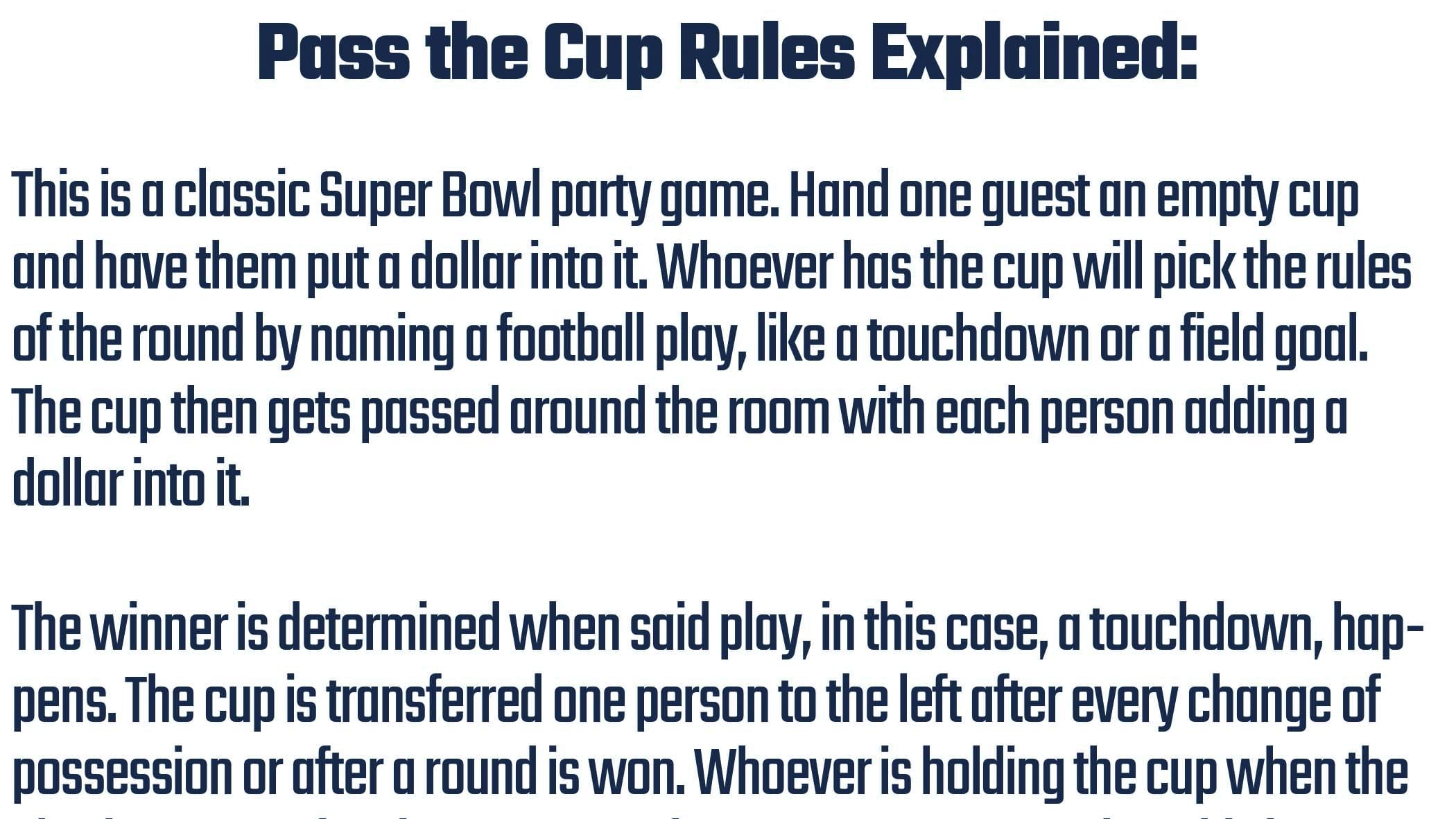 Super Bowl Betting Game: Pass the Cup Rules & Explanation